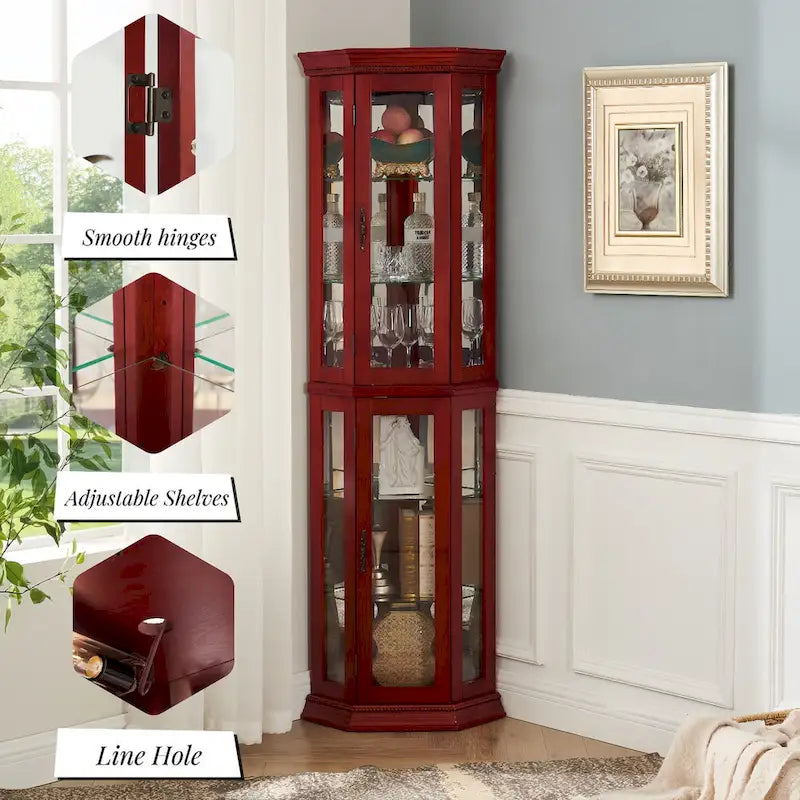 Curio Cabinet Lighted Corner Display, Glass Shelf Shelving Bar with Tempered Door,with Adjustable Cabinet Shelves Bead Bulb