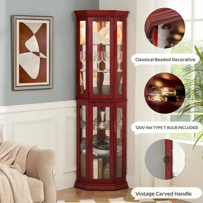 Curio Cabinet Lighted Corner Display, Glass Shelf Shelving Bar with Tempered Door,with Adjustable Cabinet Shelves Bead Bulb