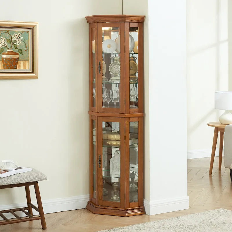 Curio Cabinet Lighted Corner Display, Glass Shelf Shelving Bar with Tempered Door,with Adjustable Cabinet Shelves Bead Bulb