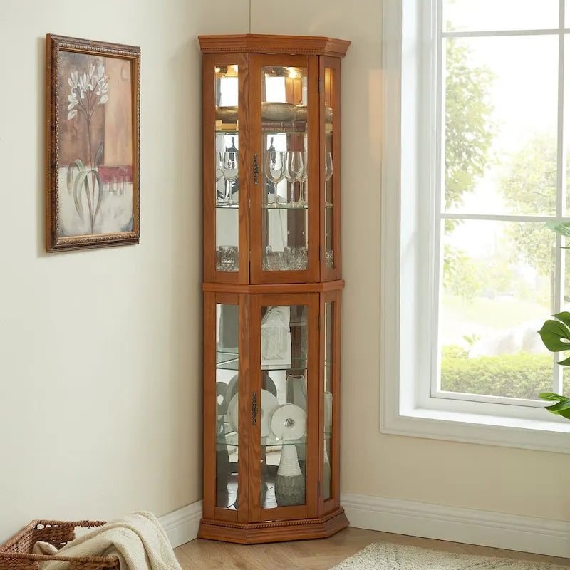 Curio Cabinet Lighted Corner Display, Glass Shelf Shelving Bar with Tempered Door,with Adjustable Cabinet Shelves Bead Bulb