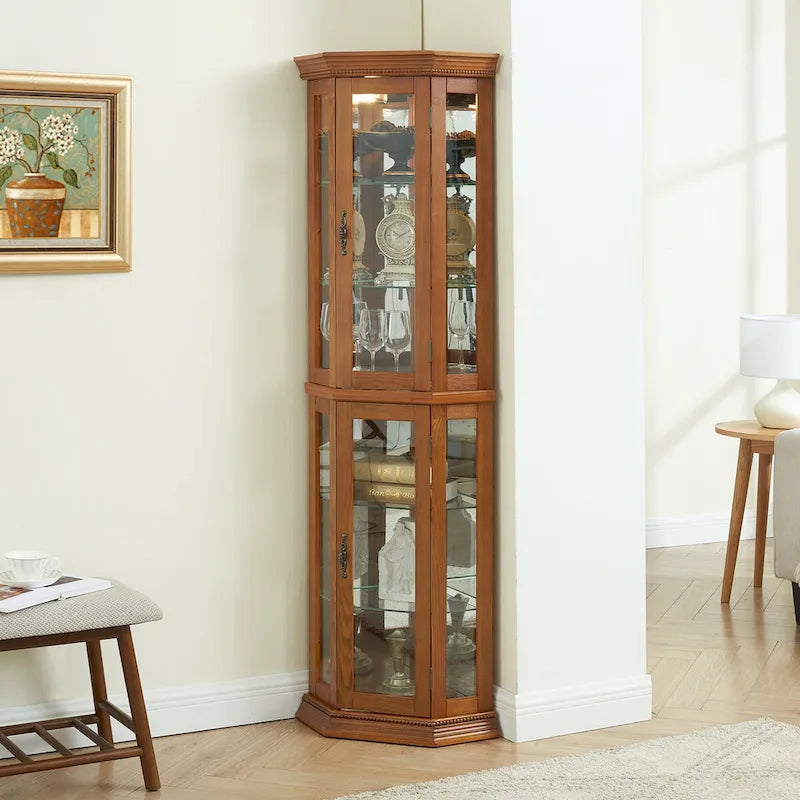 Curio Cabinet Lighted Corner Display, Glass Shelf Shelving Bar with Tempered Door,with Adjustable Cabinet Shelves Bead Bulb