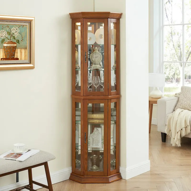 Curio Cabinet Lighted Corner Display, Glass Shelf Shelving Bar with Tempered Door,with Adjustable Cabinet Shelves Bead Bulb