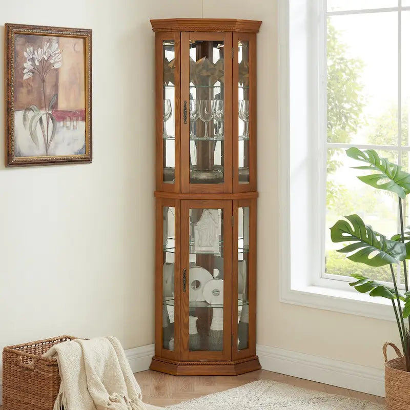 Curio Cabinet Lighted Corner Display, Glass Shelf Shelving Bar with Tempered Door,with Adjustable Cabinet Shelves Bead Bulb