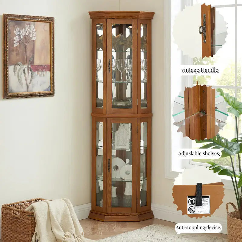 Curio Cabinet Lighted Corner Display, Glass Shelf Shelving Bar with Tempered Door,with Adjustable Cabinet Shelves Bead Bulb