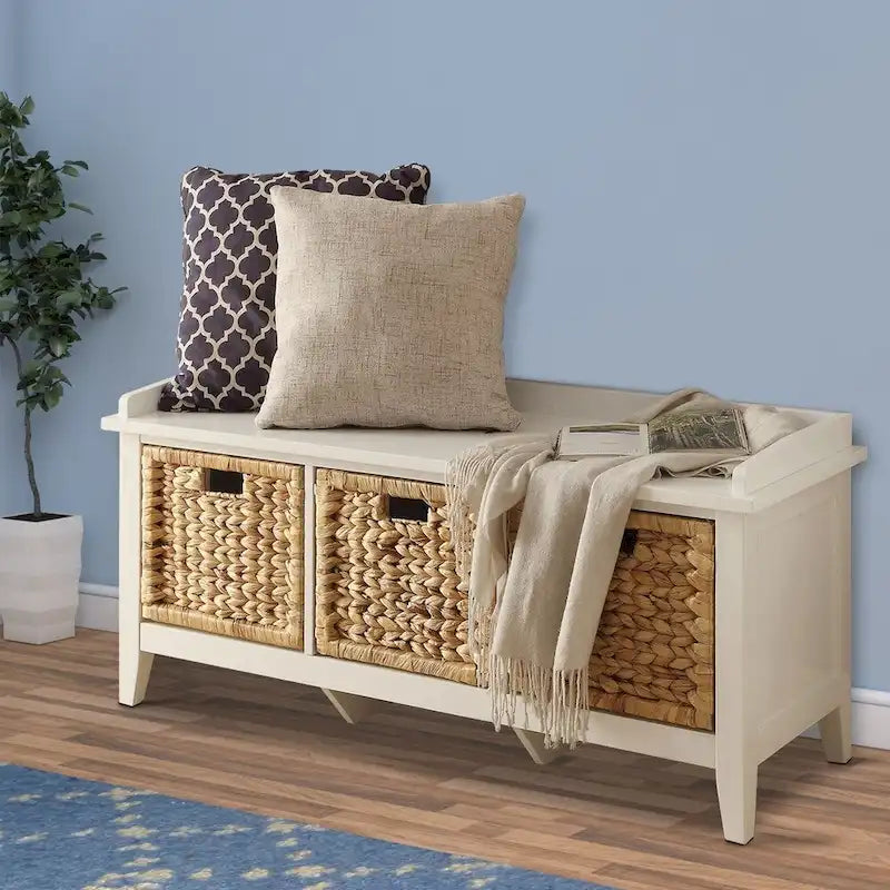 Rectangular Wooden Bench with Storage Basket, White