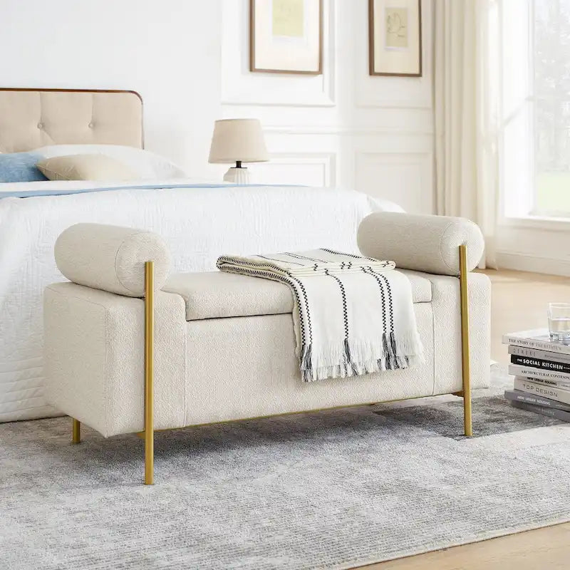 Upholstered Linen Storage Bench with Cylindrical Arms
