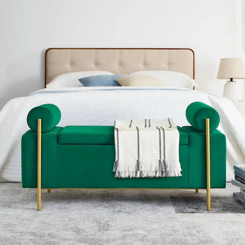 Upholstered Linen Storage Bench with Cylindrical Arms