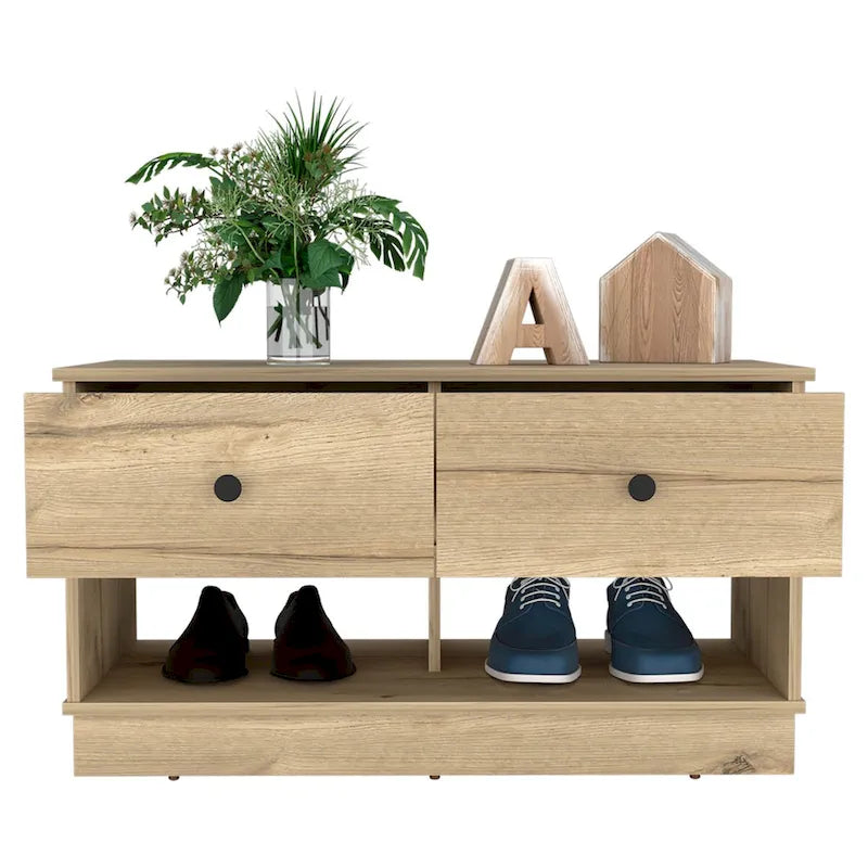 Storage Bench Beji, Lower Shelf, Two Drawers, Light Oak Finish,High quality and durable
