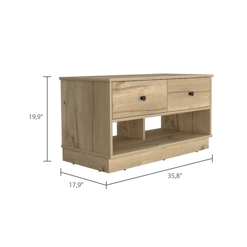 Storage Bench Beji, Lower Shelf, Two Drawers, Light Oak Finish,High quality and durable