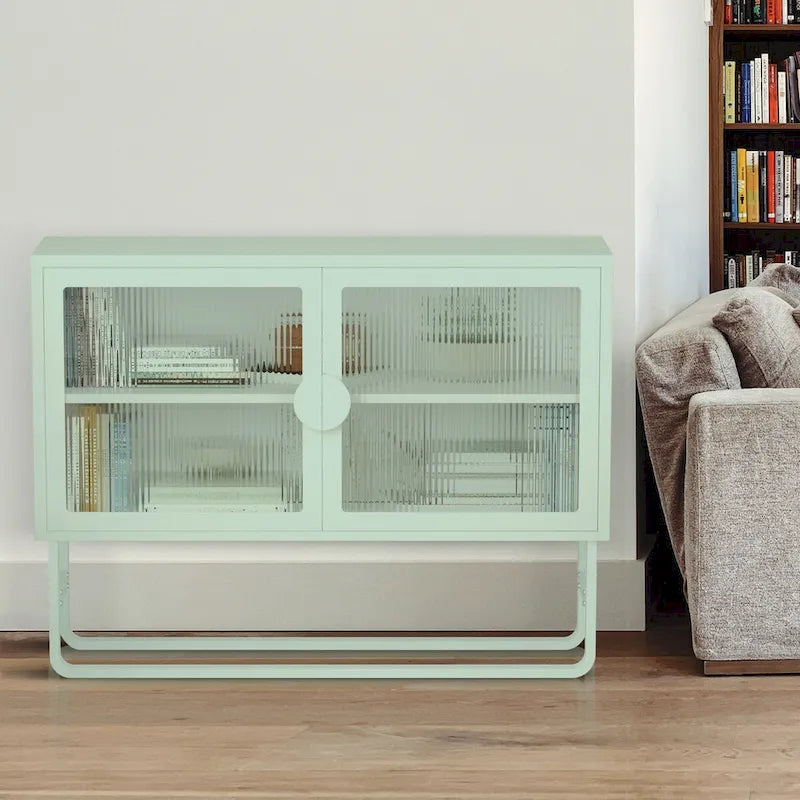 Tempered Glass Cabinet Credenza with 2 Adjustable Shelf U-shaped Leg Anti-Tip Dust-free Enclosed Cupboard for Living Room