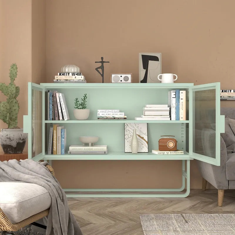 Tempered Glass Cabinet Credenza with 2 Adjustable Shelf U-shaped Leg Anti-Tip Dust-free Enclosed Cupboard for Living Room