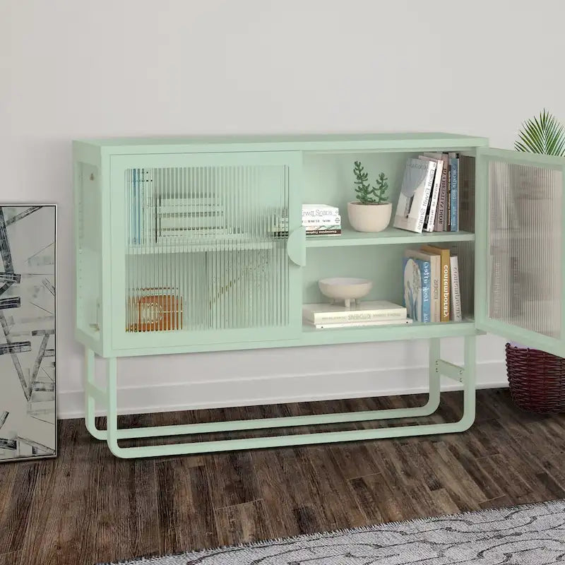 Tempered Glass Cabinet Credenza with 2 Adjustable Shelf U-shaped Leg Anti-Tip Dust-free Enclosed Cupboard for Living Room