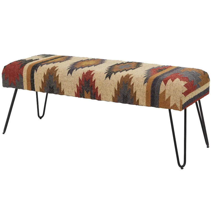 Metal Floral, Diamond or Tribal Bench with Metal Hairpin Legs - White, Gray or Multi Colored - Roche River Decor