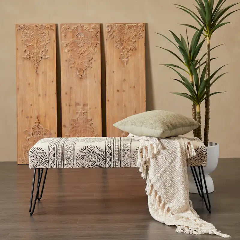 Metal Floral, Diamond or Tribal Bench with Metal Hairpin Legs - White, Gray or Multi Colored - Roche River Decor