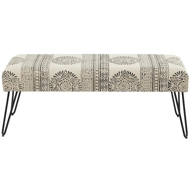 Metal Floral, Diamond or Tribal Bench with Metal Hairpin Legs - White, Gray or Multi Colored - Roche River Decor