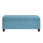 Upholstered tufted button storage bench ,Linen fabric entry bench with spindle wooden legs, Bed bench- Light Blue