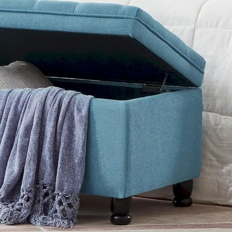 Upholstered tufted button storage bench ,Linen fabric entry bench with spindle wooden legs, Bed bench- Light Blue