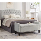 Upholstered Tufted Button Storage Bench with nails trim,Entryway Living Room Soft Padded Seat with Armrest,Bed Bench-Gray
