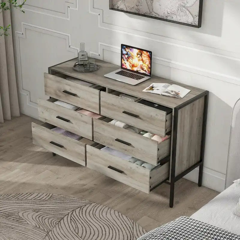 Wood Dresser with 6 Drawers, Solid Clothes Cabinet with Sturdy Steel Frame, 48.58 W15.75 D31.22 H, 48 inch, Rustic Grey