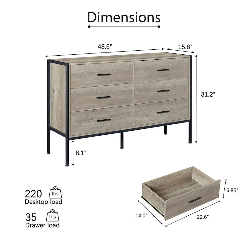 Wood Dresser with 6 Drawers, Solid Clothes Cabinet with Sturdy Steel Frame, 48.58 W15.75 D31.22 H, 48 inch, Rustic Grey