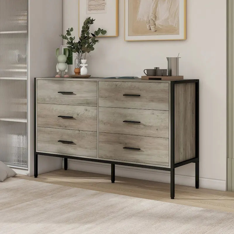 Wood Dresser with 6 Drawers, Solid Clothes Cabinet with Sturdy Steel Frame, 48.58 W15.75 D31.22 H, 48 inch, Rustic Grey