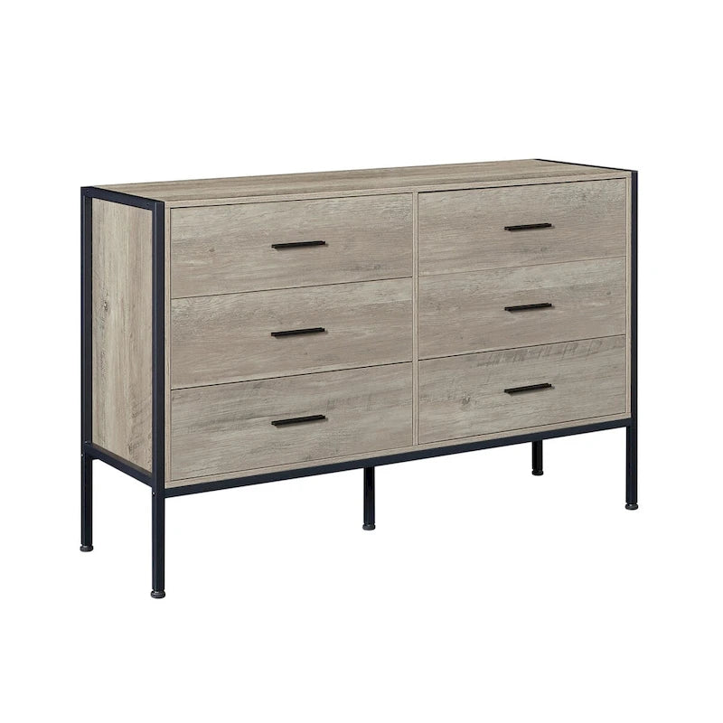 Wood Dresser with 6 Drawers, Solid Clothes Cabinet with Sturdy Steel Frame, 48.58 W15.75 D31.22 H, 48 inch, Rustic Grey
