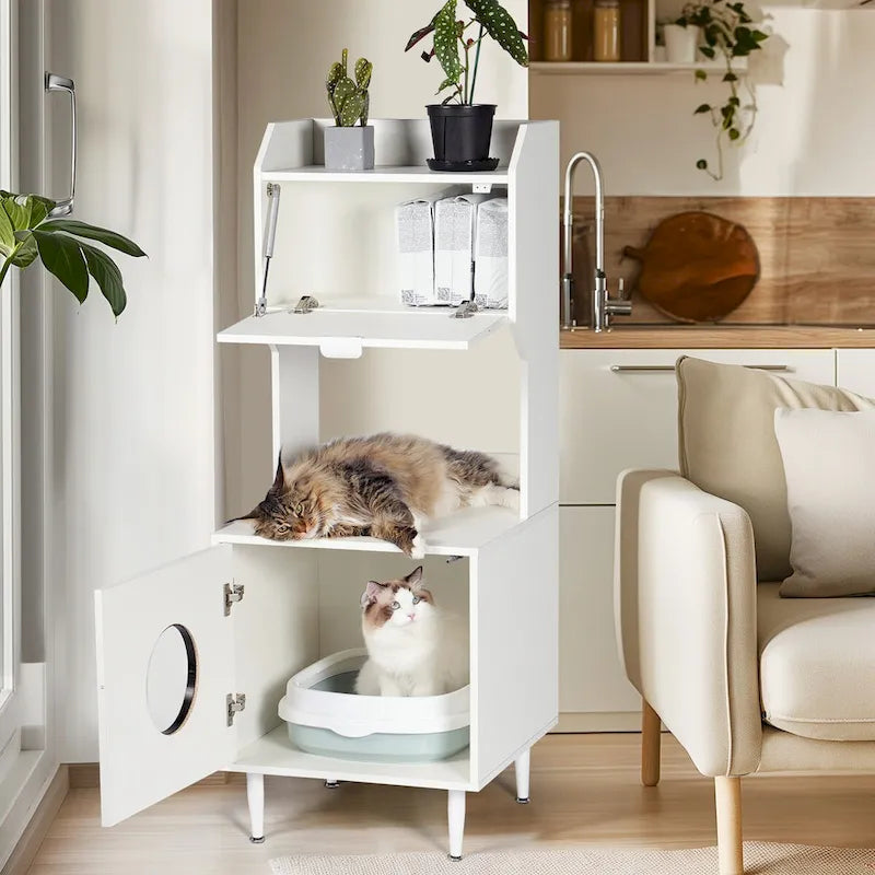 Litter Box Enclosure with Shelves&Doors,White Wooden Hidden Cat Litter Box,Industrial Indoor Cat House Pet Crate Storage Cabinet