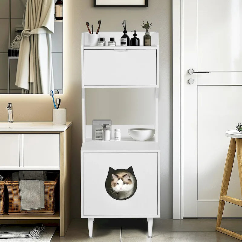Litter Box Enclosure with Shelves&Doors,White Wooden Hidden Cat Litter Box,Industrial Indoor Cat House Pet Crate Storage Cabinet