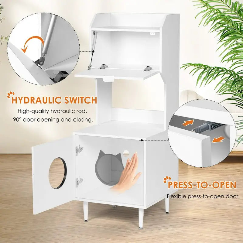 Litter Box Enclosure with Shelves&Doors,White Wooden Hidden Cat Litter Box,Industrial Indoor Cat House Pet Crate Storage Cabinet