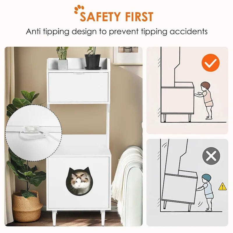 Litter Box Enclosure with Shelves&Doors,White Wooden Hidden Cat Litter Box,Industrial Indoor Cat House Pet Crate Storage Cabinet