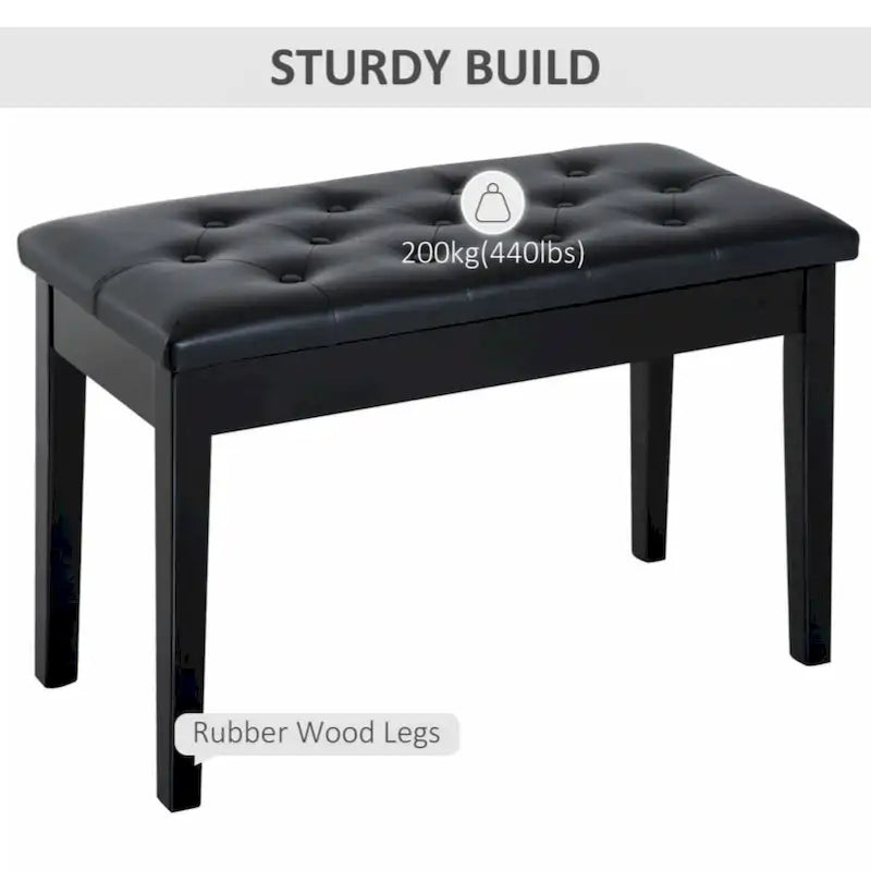 Duet Piano Chair with Faux Leather Padded Cushion and Wooden Frame, Button Tufted Keyboard Bench, Black