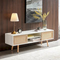 55.12  Rattan TV cabinet, double sliding doors for storage, adjustable shelf, solid wood legs, TV console