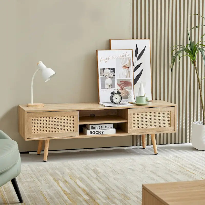 55.12  Rattan TV cabinet, double sliding doors for storage, adjustable shelf, solid wood legs, TV console