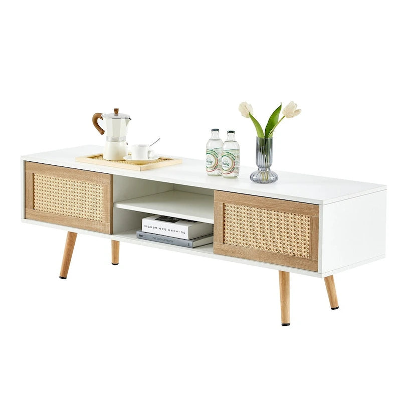 55.12  Rattan TV cabinet, double sliding doors for storage, adjustable shelf, solid wood legs, TV console