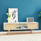 55.12  Rattan TV cabinet, double sliding doors for storage, adjustable shelf, solid wood legs, TV console