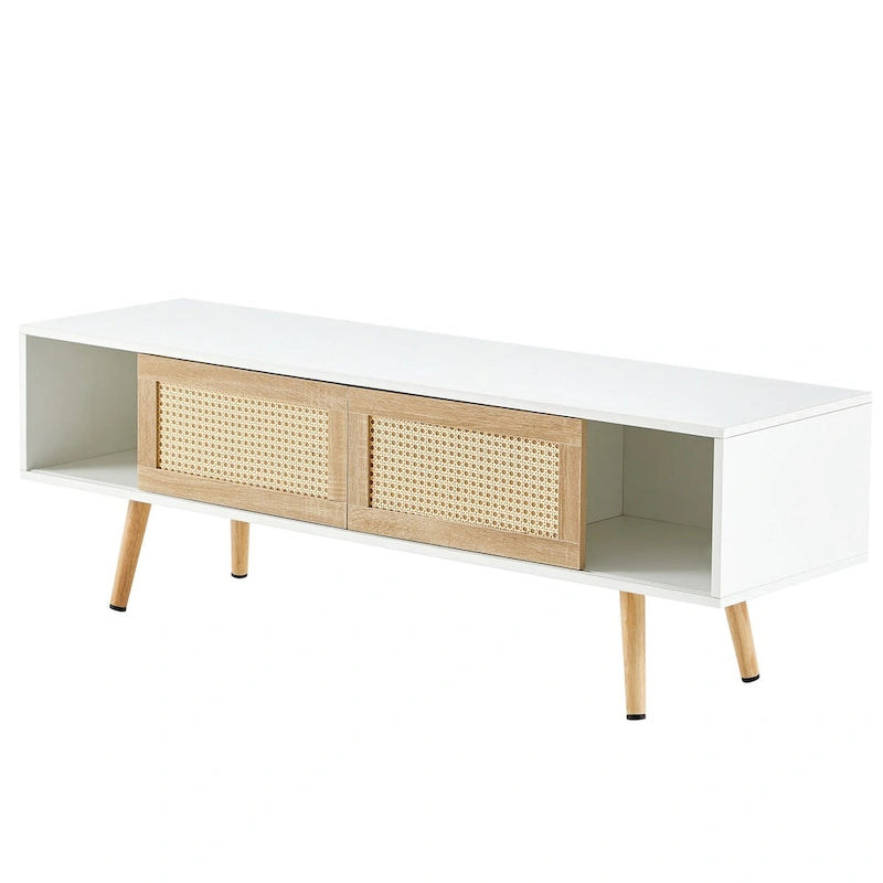 55.12  Rattan TV cabinet, double sliding doors for storage, adjustable shelf, solid wood legs, TV console