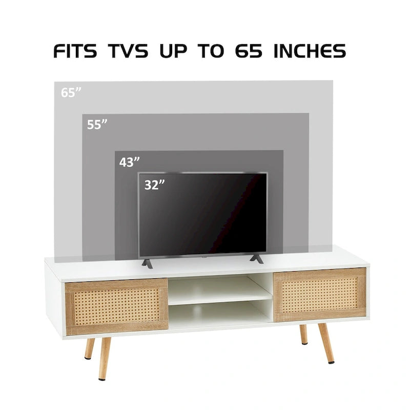 55.12  Rattan TV cabinet, double sliding doors for storage, adjustable shelf, solid wood legs, TV console