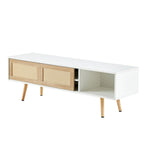 55.12  Rattan TV cabinet, double sliding doors for storage, adjustable shelf, solid wood legs, TV console