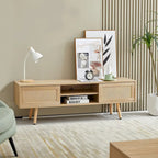 55.12  Rattan TV cabinet, double sliding doors for storage, adjustable shelf, solid wood legs, TV console