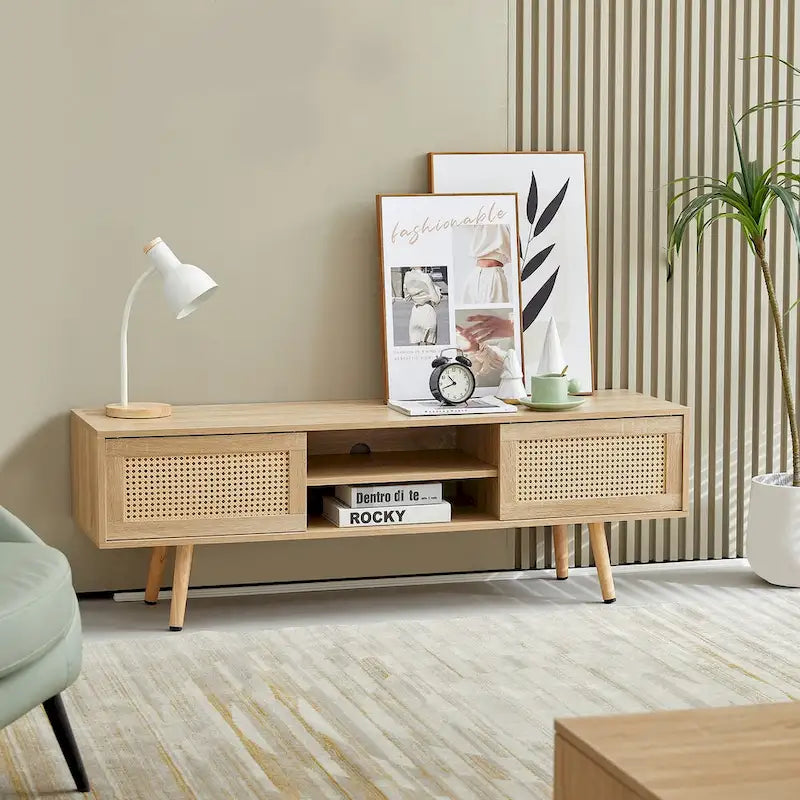55.12  Rattan TV cabinet, double sliding doors for storage, adjustable shelf, solid wood legs, TV console