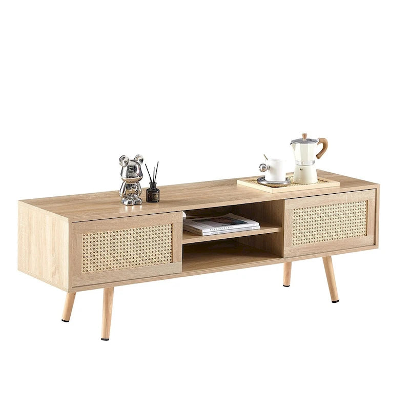 55.12  Rattan TV cabinet, double sliding doors for storage, adjustable shelf, solid wood legs, TV console