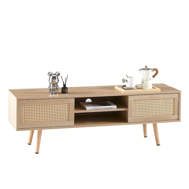 55.12  Rattan TV cabinet, double sliding doors for storage, adjustable shelf, solid wood legs, TV console