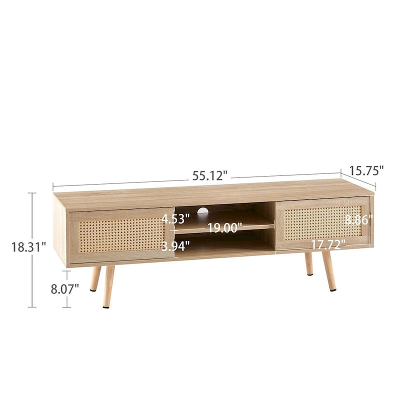 55.12  Rattan TV cabinet, double sliding doors for storage, adjustable shelf, solid wood legs, TV console