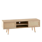 55.12  Rattan TV cabinet, double sliding doors for storage, adjustable shelf, solid wood legs, TV console