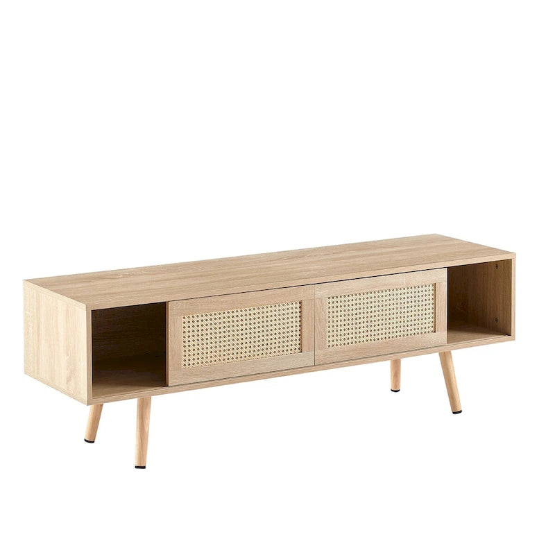55.12  Rattan TV cabinet, double sliding doors for storage, adjustable shelf, solid wood legs, TV console