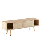 55.12  Rattan TV cabinet, double sliding doors for storage, adjustable shelf, solid wood legs, TV console