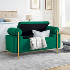 Elegant Upholstered Storage Bench with Cylindrical Arms and Iron Legs