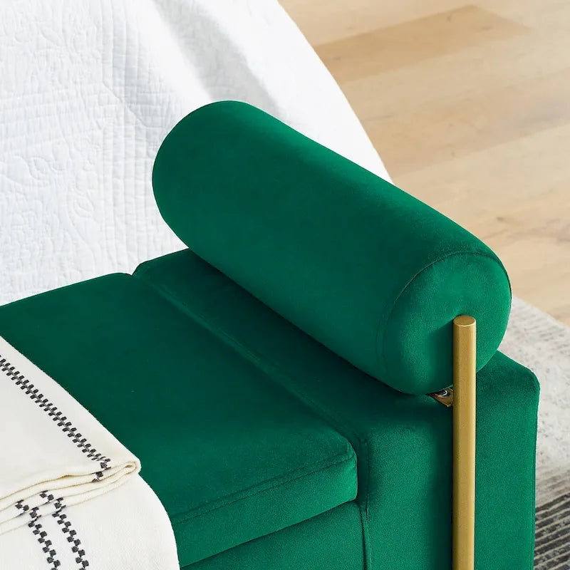 Elegant Upholstered Storage Bench with Cylindrical Arms and Iron Legs