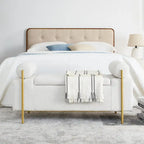 Elegant Upholstered Storage Bench with Cylindrical Arms and Iron Legs