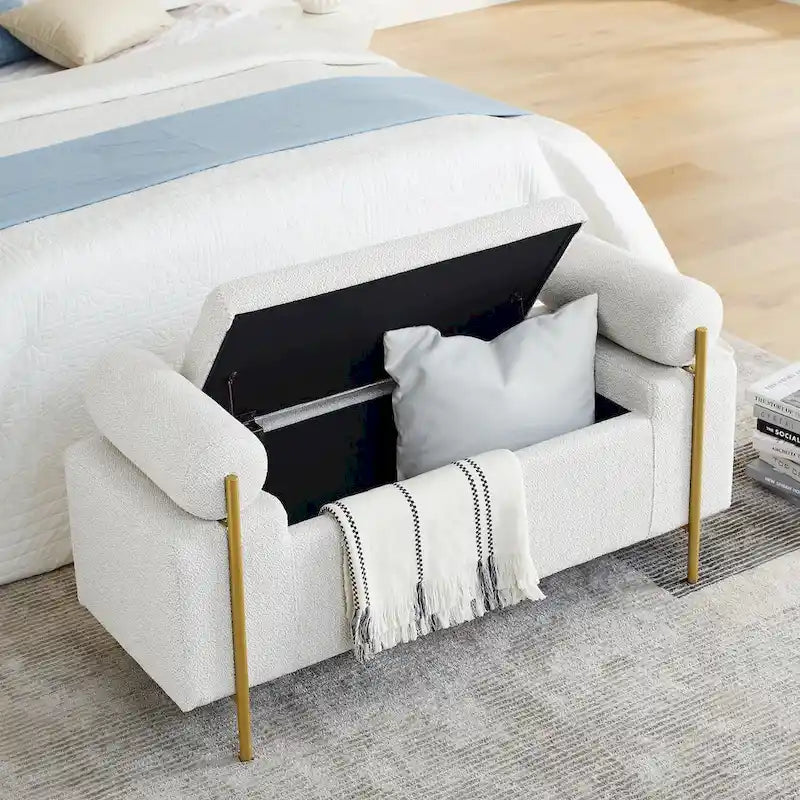 Elegant Upholstered Storage Bench with Cylindrical Arms and Iron Legs